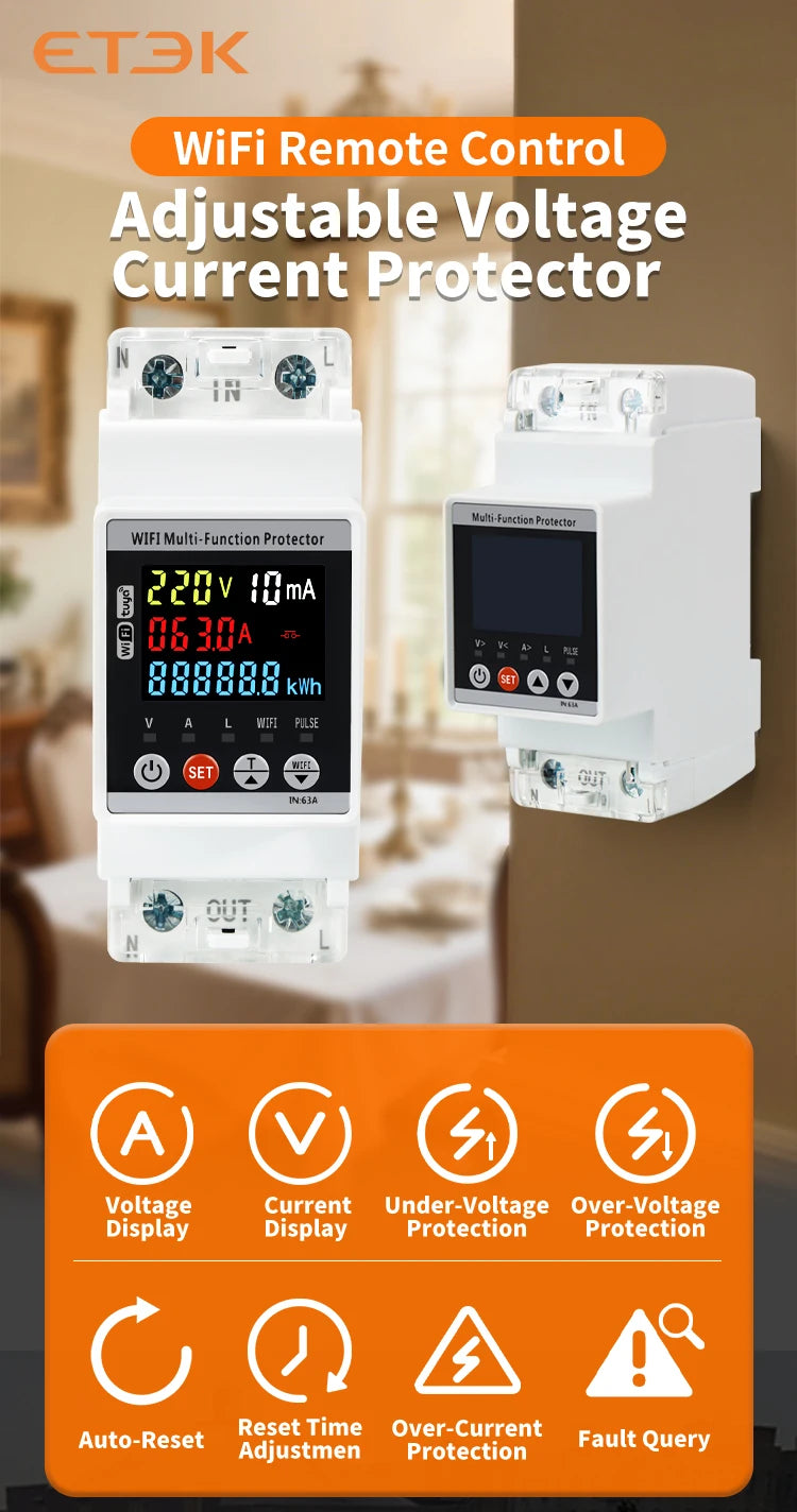 ETEK Smart Kwh Metering Circuit Breaker Adjustable 2P 63A 110V 220V with voltage Current and leakage protection Meter EKVAPS