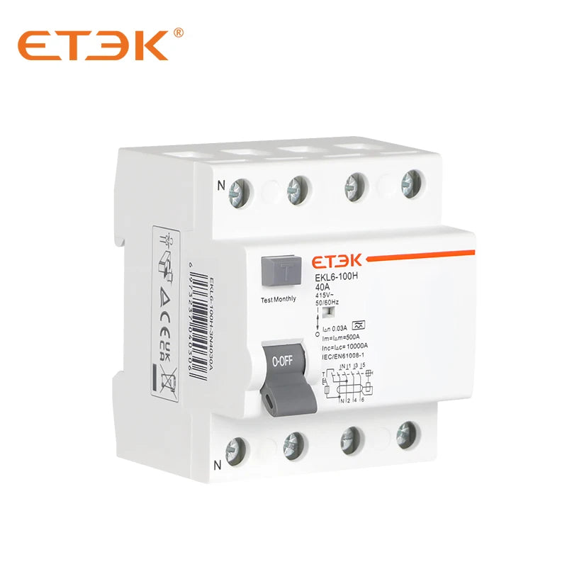 ETEK EKL6 30ma RCD RCCB 2 Pole Type A 10KA 3P+N 4P 40A DC 230V Electromechanic Residual Current Circuit Breaker Leakage Curren