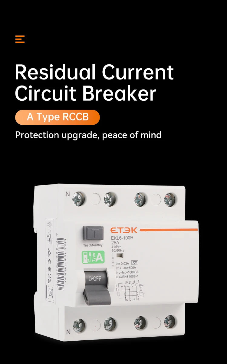 ETEK Type A RCD RCCB Electromechanic Residual Current Circuit Breaker 30ma 2 Pole10KA 3P+N 4P 40A DC 230V EKL6-100H