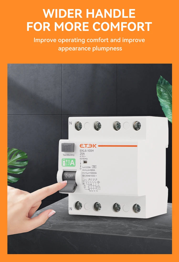 ETEK Type A RCD RCCB Electromechanic Residual Current Circuit Breaker 30ma 2 Pole10KA 3P+N 4P 40A DC 230V EKL6-100H
