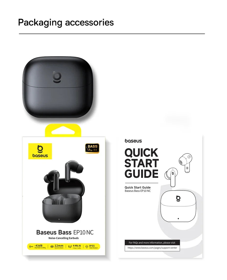 Baseus EP10 NC -43dB Noise Cancelling ANC True Wireless Earbuds Bluetooth 6.0 In-Ear Wireless Earphones 4-Mics for Office Home