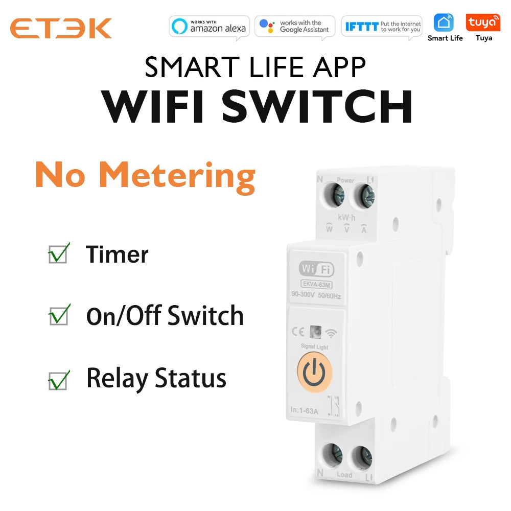ETEK Tuya WiFi Smart Switch 1P+N 63A 90-300 Voltage Timer Power Energy kWh Voltage  Voice Remote Control Circuit Breaker