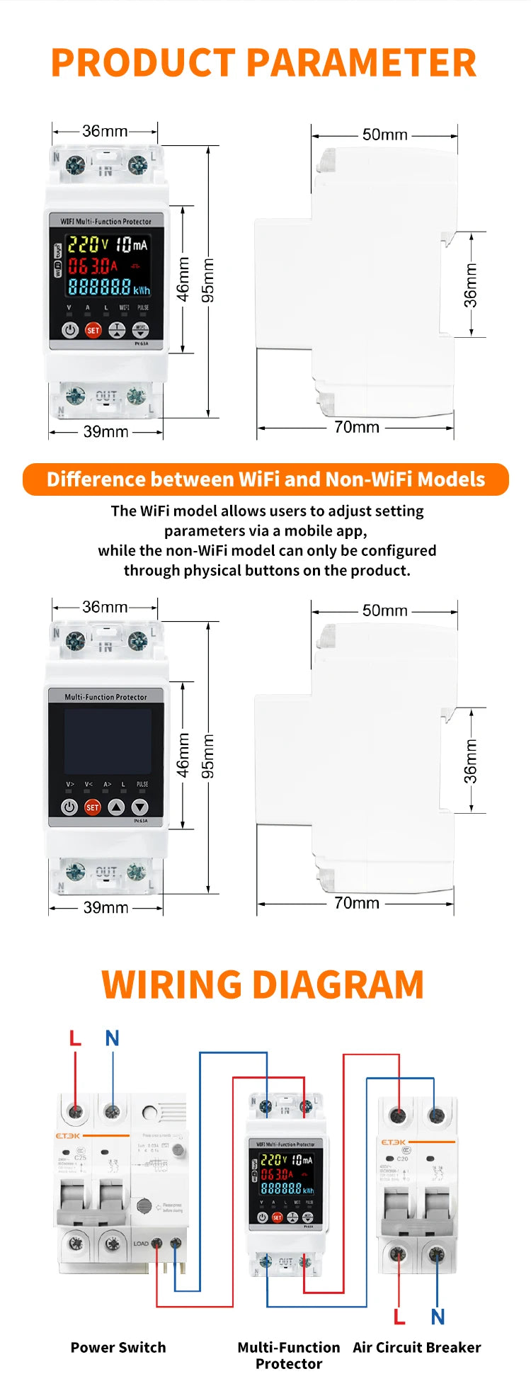ETEK Leakage Protection Device, Instrument Function, LCD * Intelligent Control Single-phase V/A Over/Under Voltage Protector