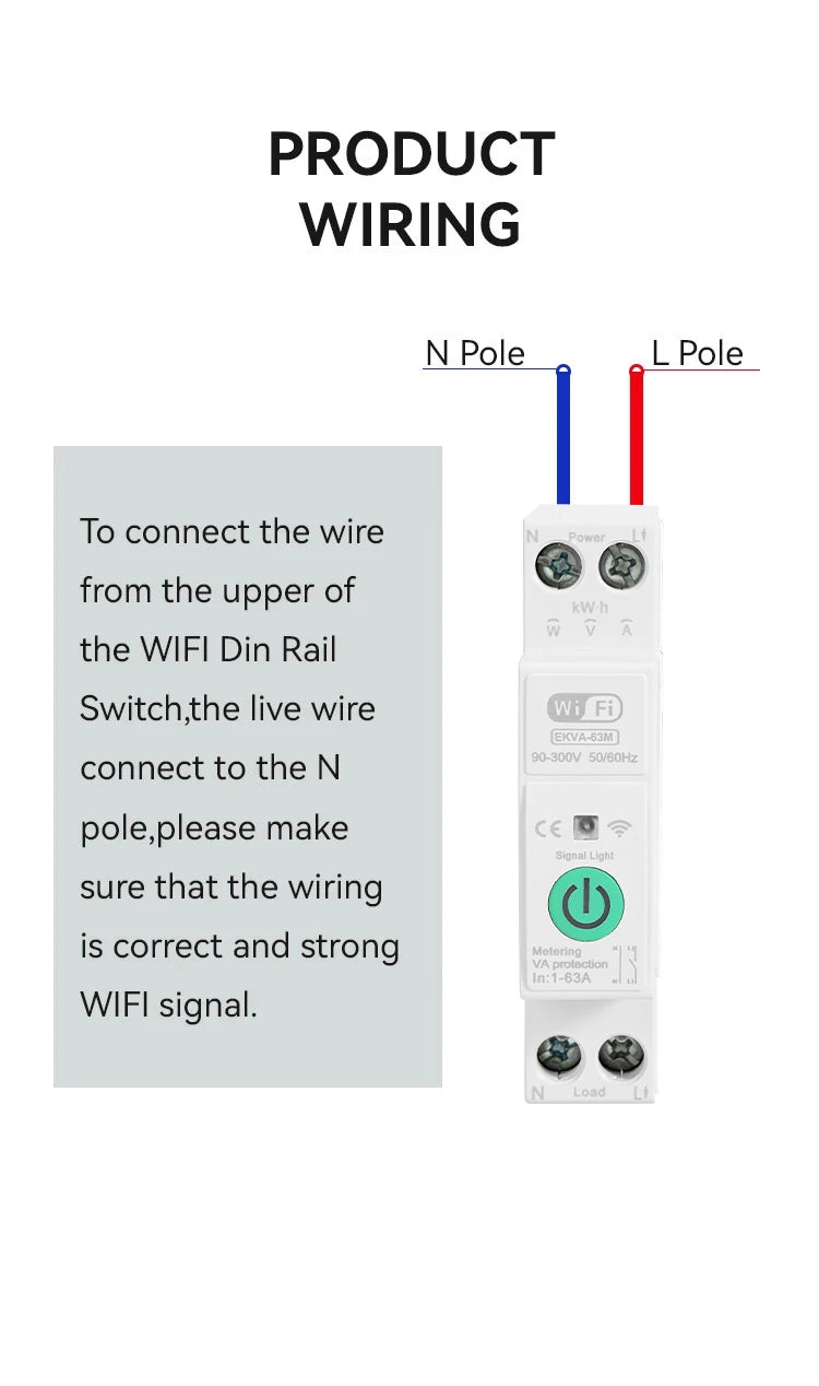 ETEK Tuya WiFi Smart Switch 1P+N 63A 90-300 Voltage Timer Power Energy kWh Voltage  Voice Remote Control Circuit Breaker