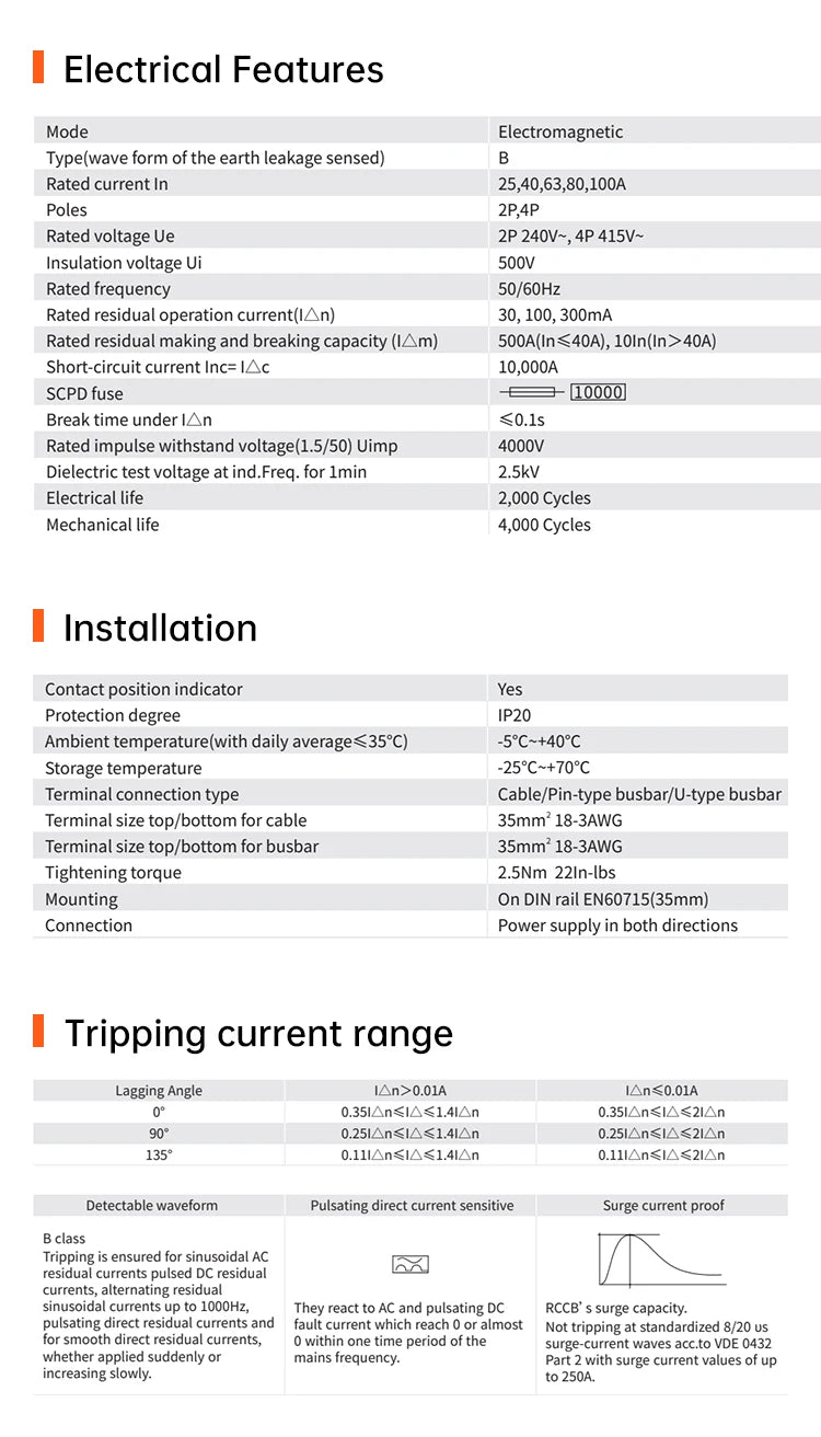 ETEK RCD RCCB Type B Earth Leakage Residual Current Circuit Breaker Evse 2P 4P 40a 63a 100a 30ma 300mA EKL6-100B Din Rail 220V