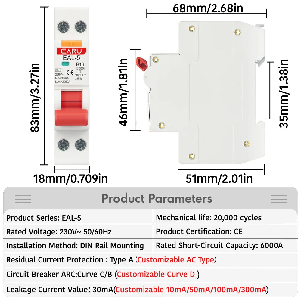 RCBO Type A Residual Automatic Circuit Breaker 1P+N 2P 6A 10A 16A 20A 32A 40A Curve C/B Over Current Leakage Protection 30mA