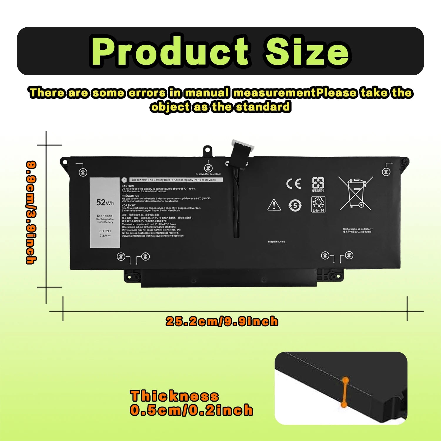 SAT Laptop Battery for Dell JHT2H Latitude 7310 7410 Series 35J09 0YJ9RP 009YYF 07CXN6 04V5X2 0HRGYV 52WH