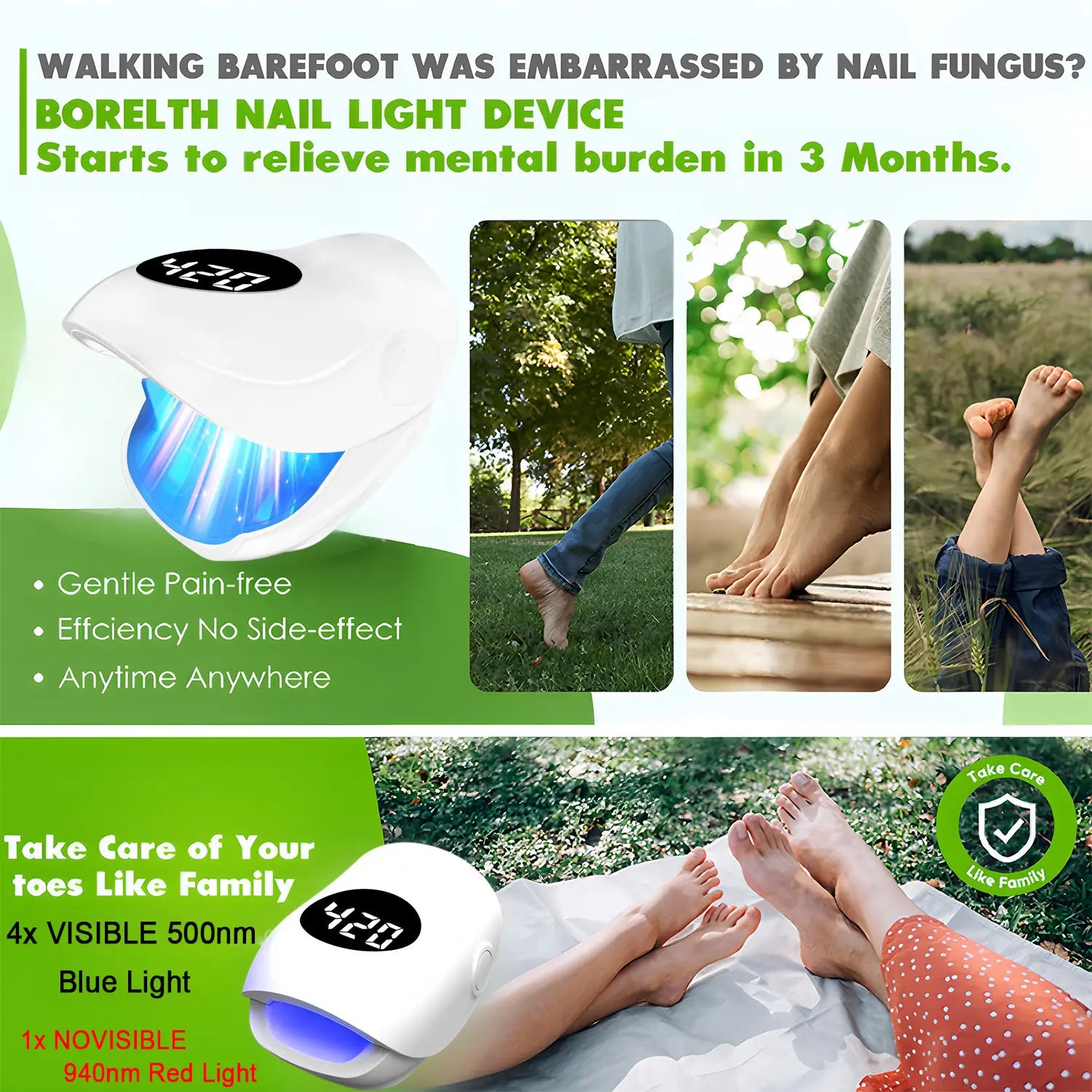 USB Charging Nail Fungus Treatment Device - 940nm Infrared & 500nm Blue Light LED Laser Onychomycosis Nail Care