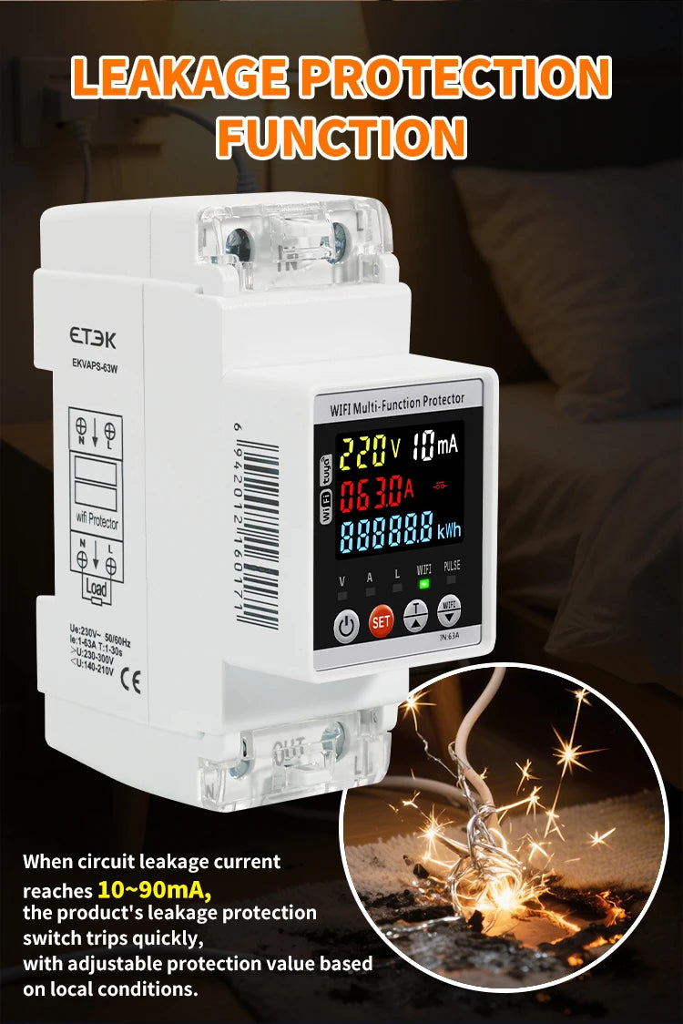 ETEK Leakage Protection Device, Instrument Function, LCD * Intelligent Control Single-phase V/A Over/Under Voltage Protector