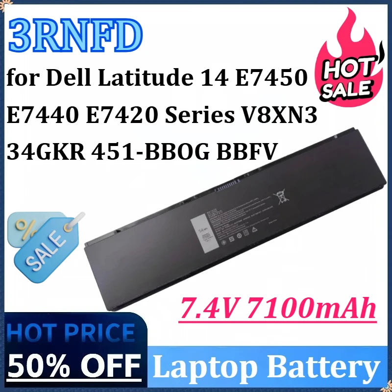 New 3RNFD 7.4V 7100mAh 54Wh High-Capacity Laptop Battery for Dell Latitude 14 E7450 E7440 E7420 Series 34GKR V8XN3451-BBOG BBFV