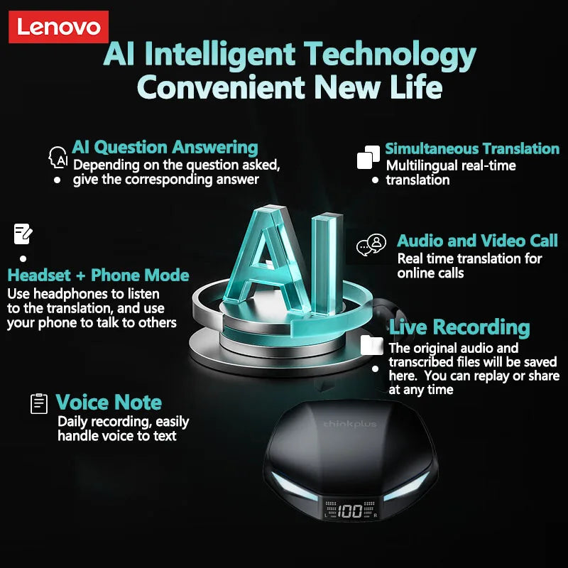Lenovo XT53 AI Translation Earbuds Wireless Bluetooth 5.4 HD Voice Calls Noise Reduction Earphones Real-time Translation Headset