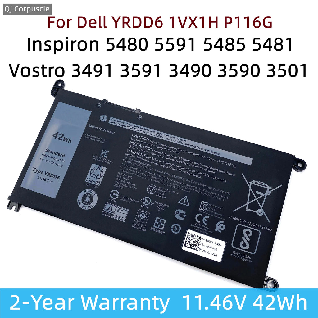 YRDD6 Laptop Battery For Dell Inspiron 5481 5482 5485 5491 5591 5485 5585 5480 Vostro 3491 3591 3490 3590 3501 1VX1H P116G P93G