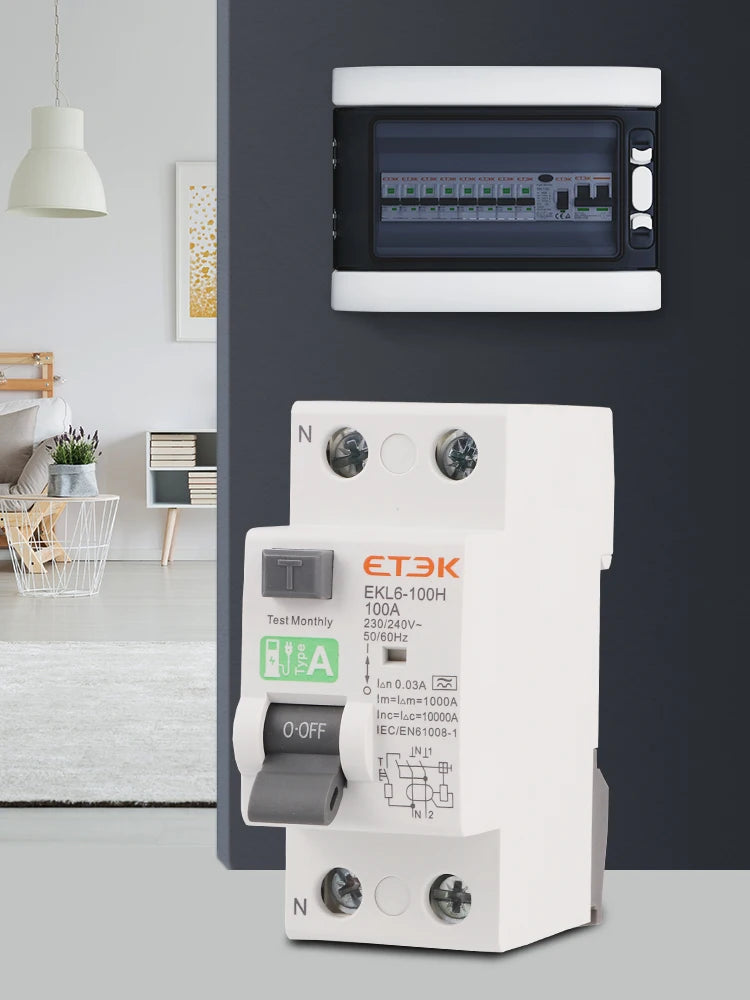 ETEK RCD RCCB Type A Electromechanic Residual Current Circuit Breaker A type 2Pole 10KA 25A 40A 63A 80A 100A 230V 30ma EKL6-100H