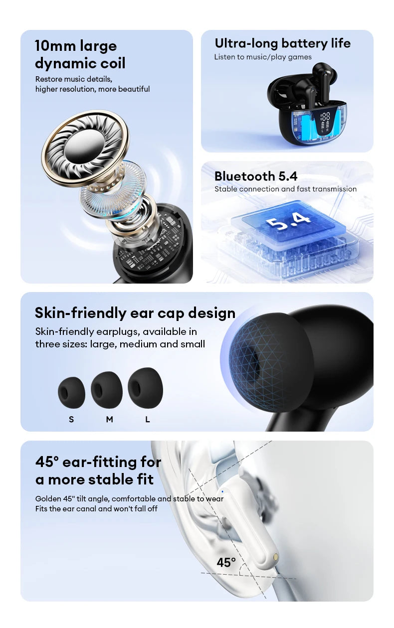 Lenovo XT58 Wireless Earphones Intelligent Noise Reduction Bluetooth 5.4 Headphone Gaming Headset HIFI Earbuds Sound LED Display