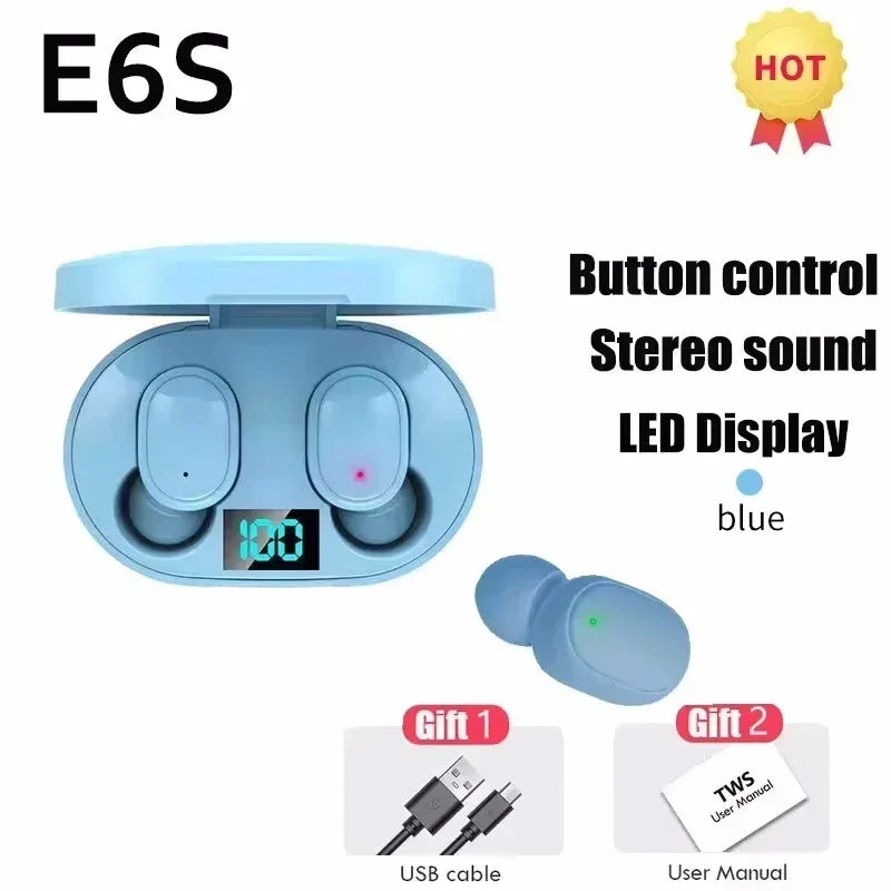 TWS Wireless Headphones Bluetooth Earphones E6S Wireless Bluetooth Headset Waterproof Noise Cancelling LED Earbuds with Mic