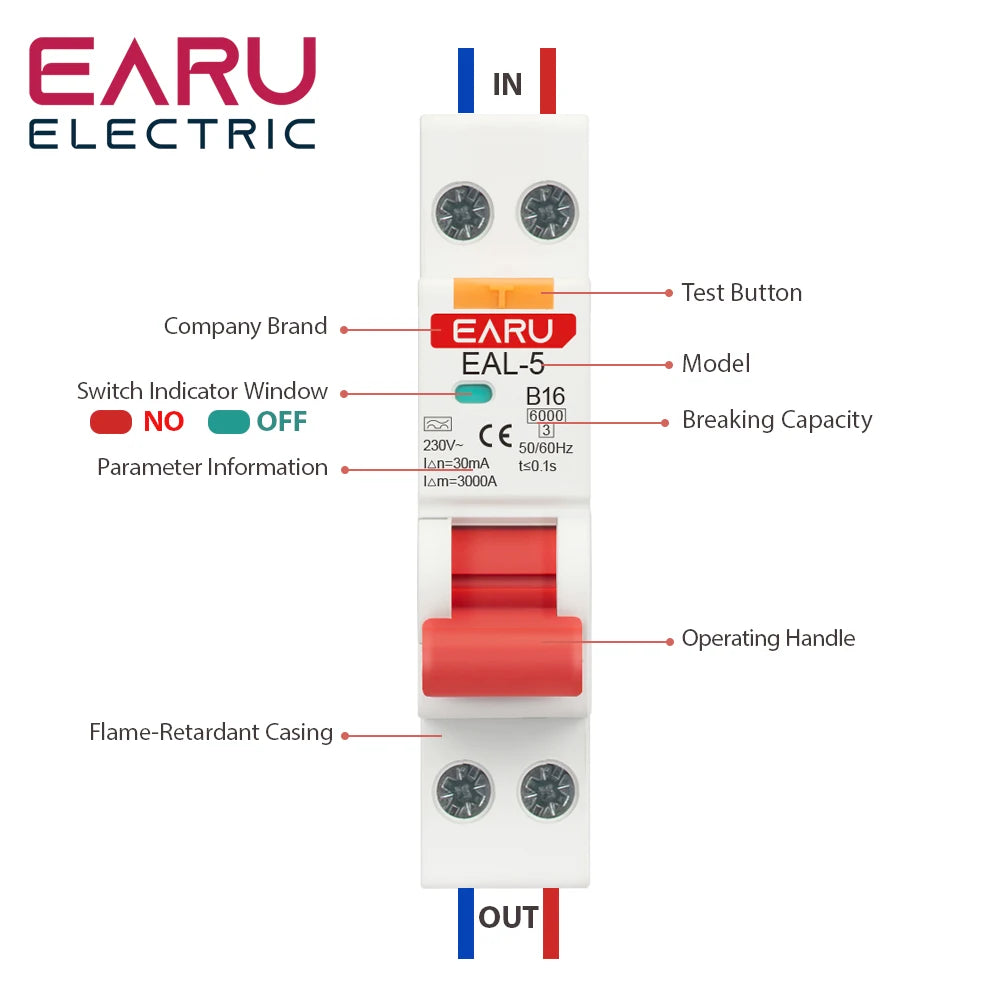 RCBO Type A Residual Automatic Circuit Breaker 1P+N 2P 6A 10A 16A 20A 32A 40A Curve C/B Over Current Leakage Protection 30mA