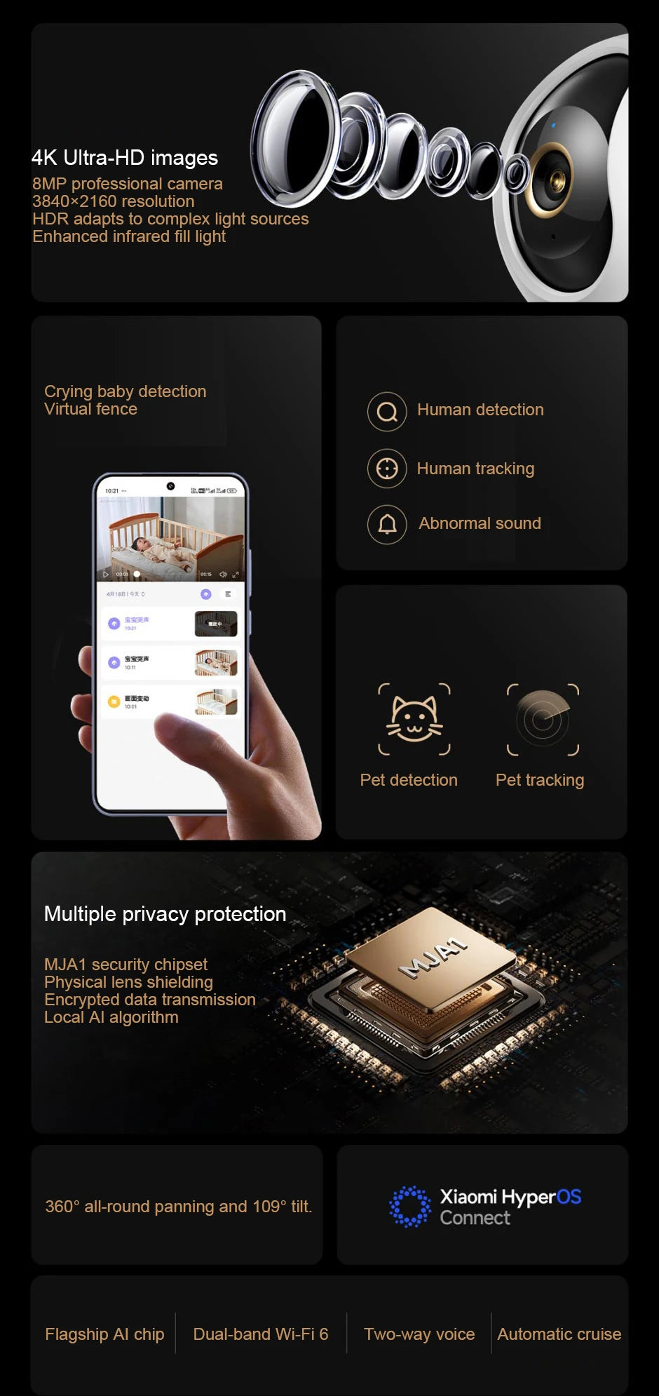 XIAOMI Smart Camera 4,Dual-band Wi-Fi 6,8MP 4K HDR AI Tracking,Night Vision,Two-Way Audio,Home Security Baby Monitor,Pet Camera
