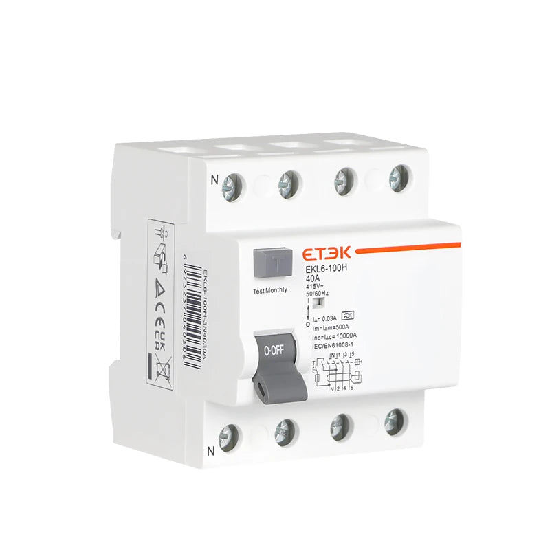 ETEK EKL6 30ma RCD RCCB 2 Pole Type A 10KA 3P+N 4P 40A DC 230V Electromechanic Residual Current Circuit Breaker Leakage Curren