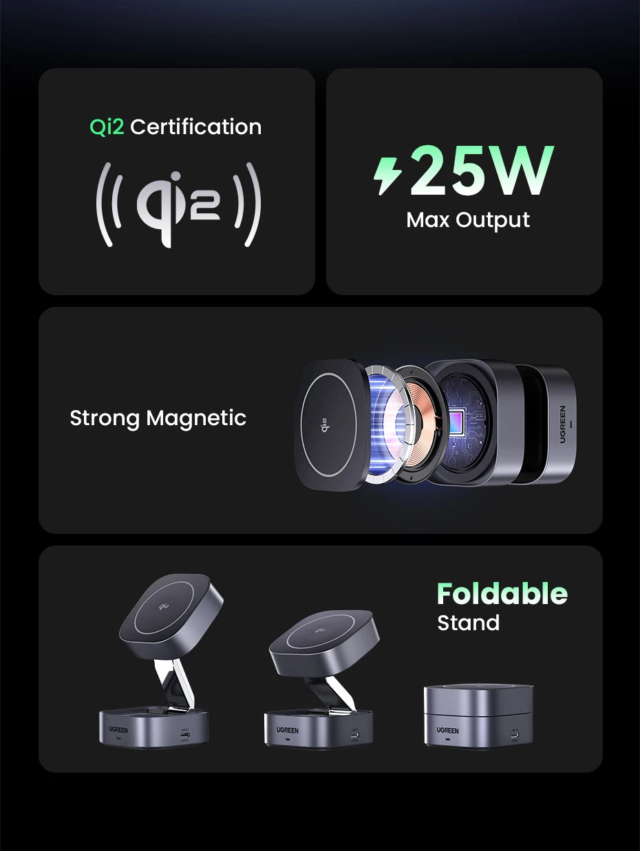 UGREEN Qi2/Qi Magnetic Wireless Charger Stand 15W 2-in-1 Charging Stand For iPhone 16 17 Pro Max/AirPods MagSafe Fast Charger