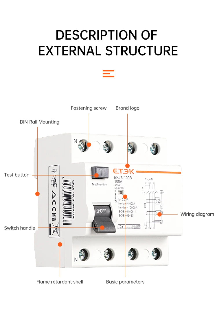 ETEK RCD RCCB Type B Earth Leakage Residual Current Circuit Breaker Evse 2P 4P 40a 63a 100a 30ma 300mA EKL6-100B Din Rail 220V