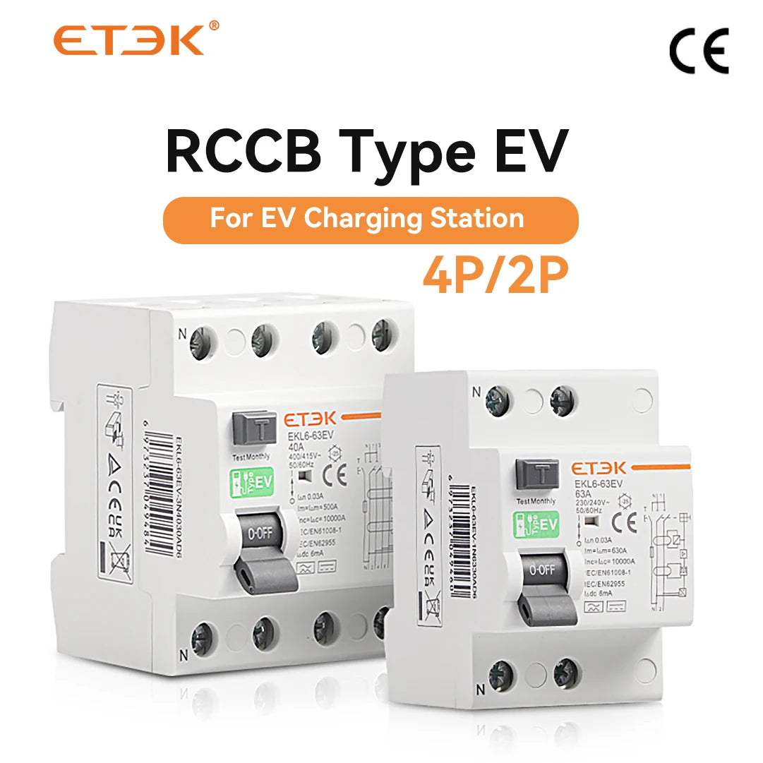 ETEK RCD RCCB Type A Electromechanic Residual Current Circuit Breaker A type 2Pole 10KA 25A 40A 63A 80A 100A 230V 30ma EKL6-100H