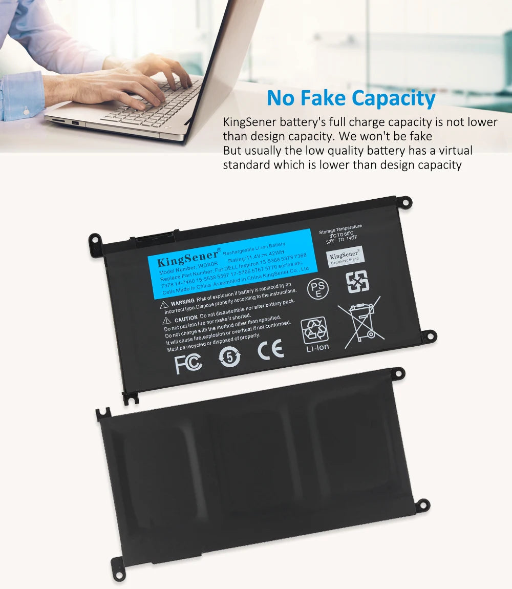 KingSener WDXOR Laptop Battery For DELL Inspiron 14 5368 5567 7560 5767 7472 7460-d1525s 7368 7378 5565 Latitude 3488 3580 WDX0R