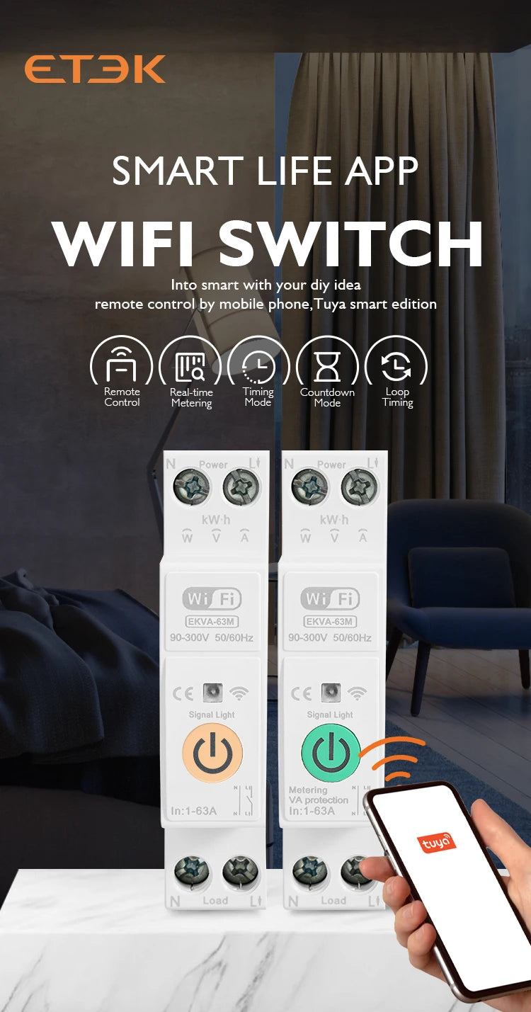 ETEK Tuya WiFi Smart Switch 1P+N 63A 90-300 Voltage Timer Power Energy kWh Voltage  Voice Remote Control Circuit Breaker