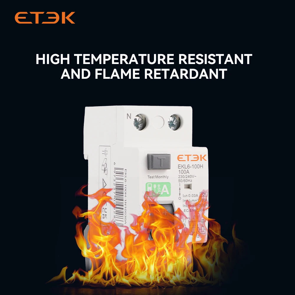 ETEK RCD RCCB Type A Electromechanic Residual Current Circuit Breaker A type 2Pole 10KA 25A 40A 63A 80A 100A 230V 30ma EKL6-100H