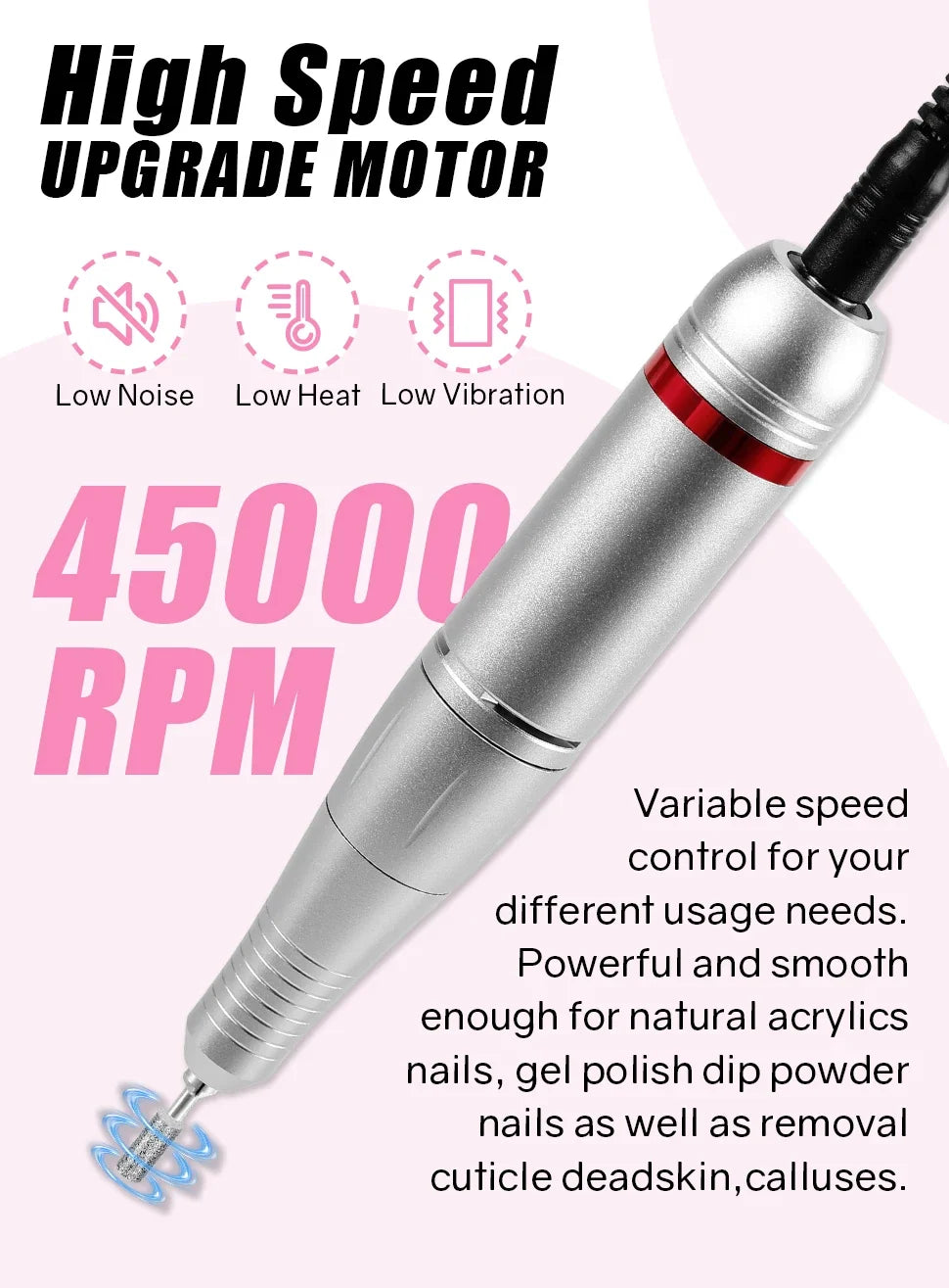 45000RPM Nail Drill Machine Professional Nail Lathe with Large LCD Screen 30W Smart Electric Manicure Polisher Nail Art Toools