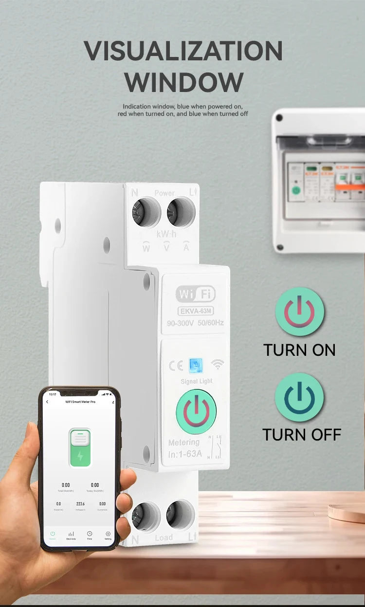 ETEK Tuya WiFi Smart Switch 1P+N 63A 90-300 Voltage Timer Power Energy kWh Voltage  Voice Remote Control Circuit Breaker