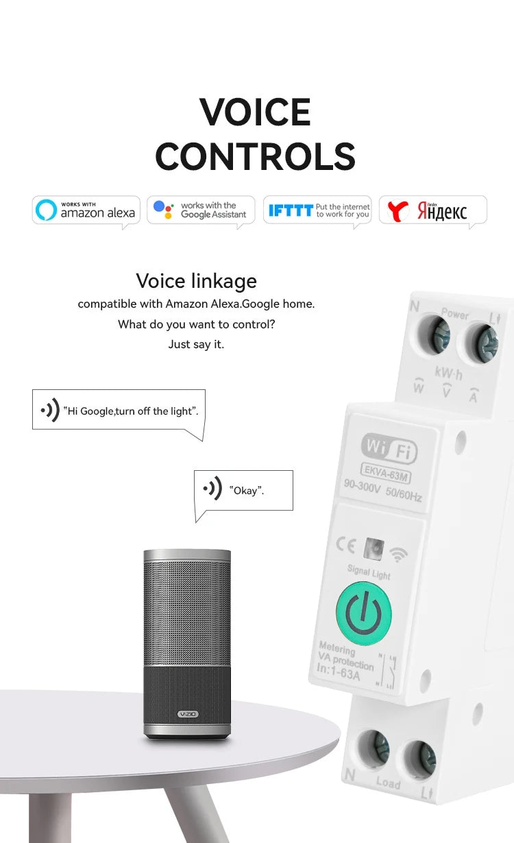 ETEK Tuya WiFi Smart Switch 1P+N 63A 90-300 Voltage Timer Power Energy kWh Voltage  Voice Remote Control Circuit Breaker