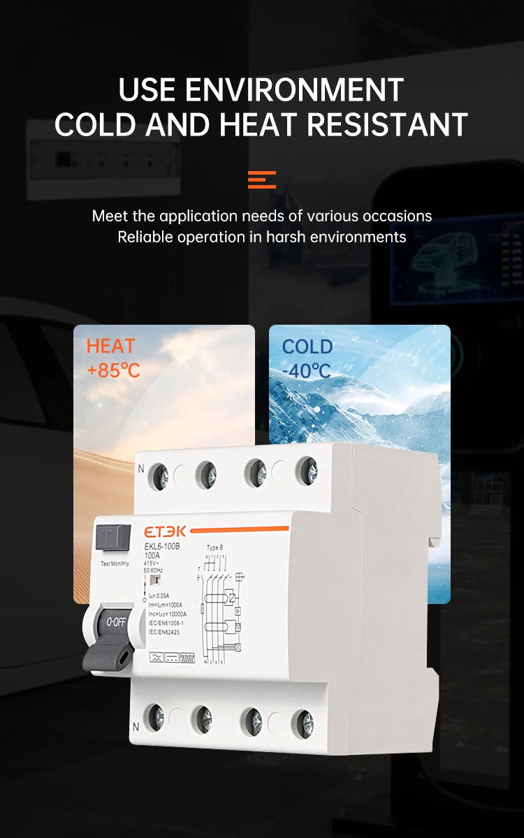 ETEK RCD RCCB Type B Earth Leakage Residual Current Circuit Breaker Evse 2P 4P 40a 63a 100a 30ma 300mA EKL6-100B Din Rail 220V
