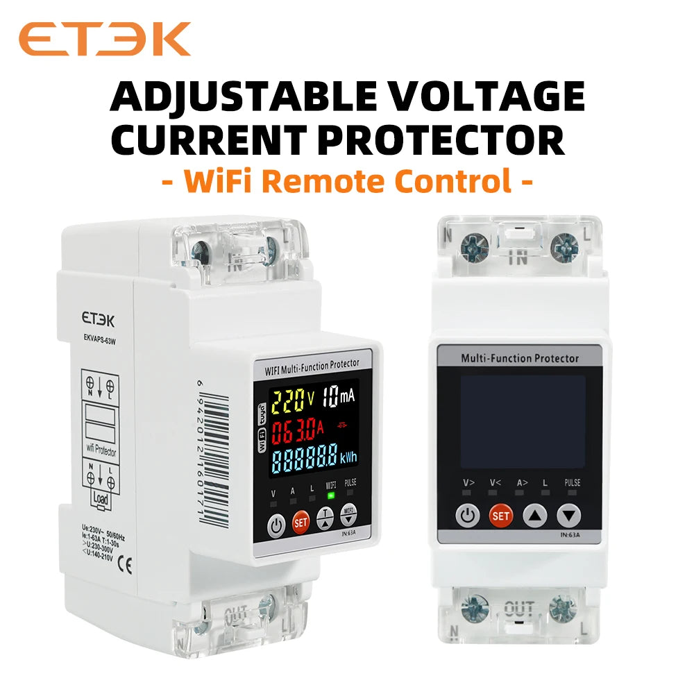 ETEK Leakage Protection Device, Instrument Function, LCD * Intelligent Control Single-phase V/A Over/Under Voltage Protector