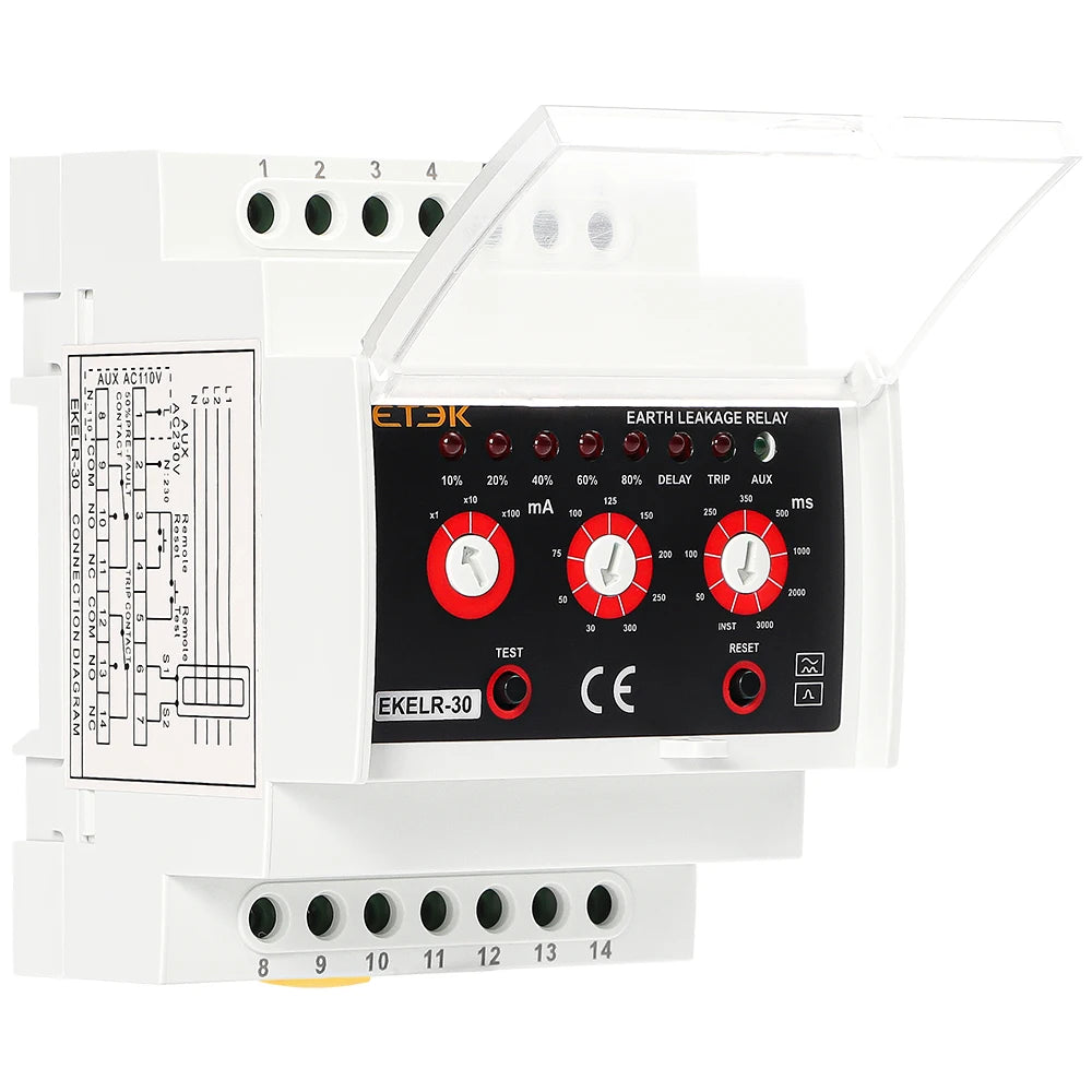 ETEK Earth Leakage Relay Adjustable Current Fault Protection AC Delay 30mA 30A 230V EKELR-30