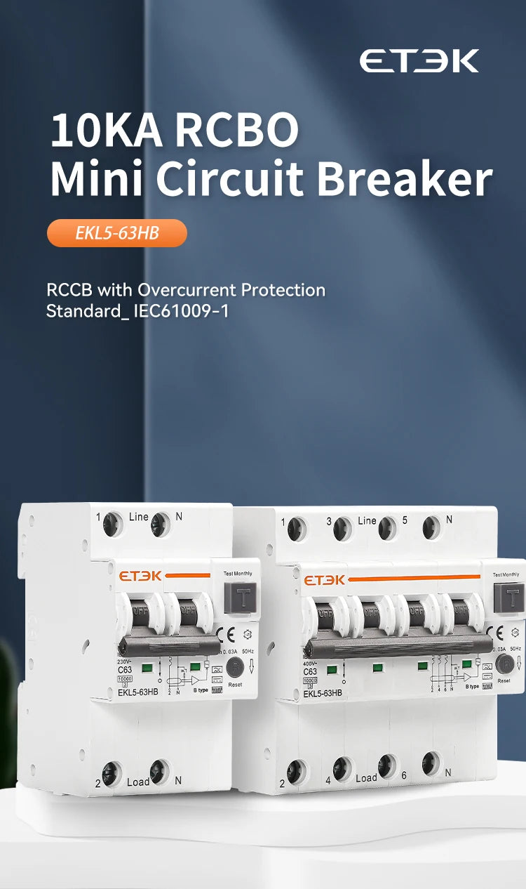 ETEK B Type 230V 1P+N 3P+N  Residual Current Circuit Breaker With Over And Short Current  Leakage Protection C curve RCBO EKL5