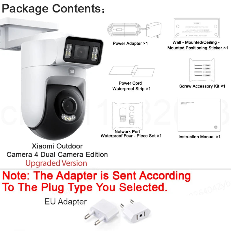 XIAOMI New Outdoor Camera 4 Dual Camera Version，360° 5MP 3K，Audible Visual Alarm，Two-Way Audio，IP66，Chinese Version With Adapter