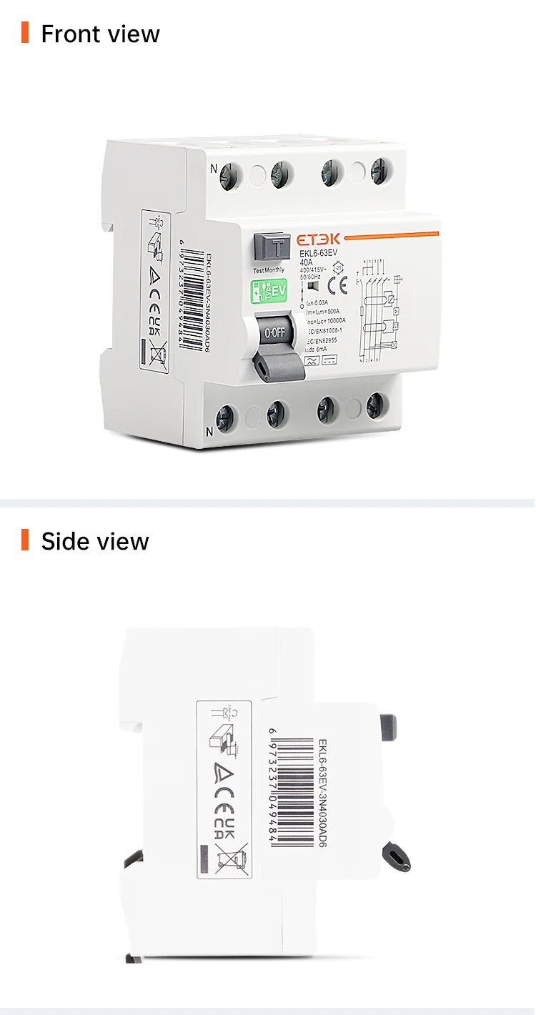 ETEK RCCB Type EV 2P 4P Earth Leakage Circuit Breakers for Car Evse Chargeing Station RCD 40A 63A 30ma EKL6-63EV 10KA Din Rail