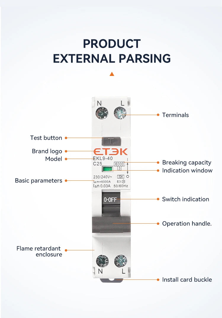 ETEK 6KA 1P+N 2P 10A 16A Curve B 30mA RCBO Type A Intrinsic Safety Residual Current Automatic Circuit Breaker  EKL9-40