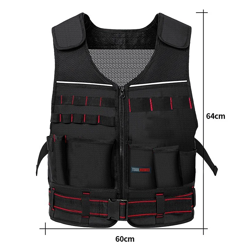 TOOLHUWEI Workwear Tool Vest Safety Work Vest with Multi-pockets Toolkit Pouch Heavy Construction Vest for Electrician Carpenter
