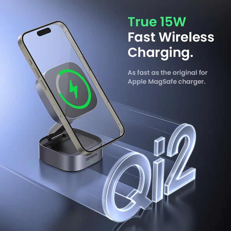 UGREEN Qi2/Qi Magnetic Wireless Charger Stand 15W 2-in-1 Charging Stand For iPhone 16 17 Pro Max/AirPods MagSafe Fast Charger