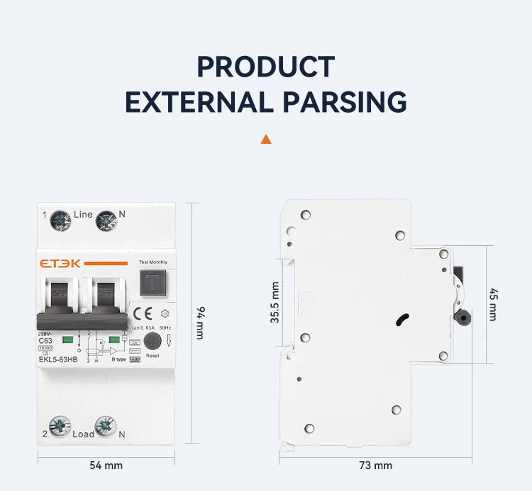 ETEK B Type 230V 1P+N 3P+N  Residual Current Circuit Breaker With Over And Short Current  Leakage Protection C curve RCBO EKL5