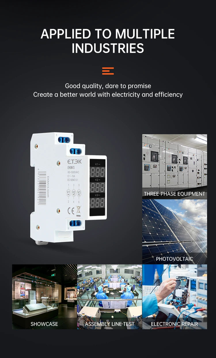 ETEK Modular Three Phase Voltage Meter Ac 220v 230v 380v 80-500V Din Rail Voltage Meter Indicator LED Display Detector EKMV3