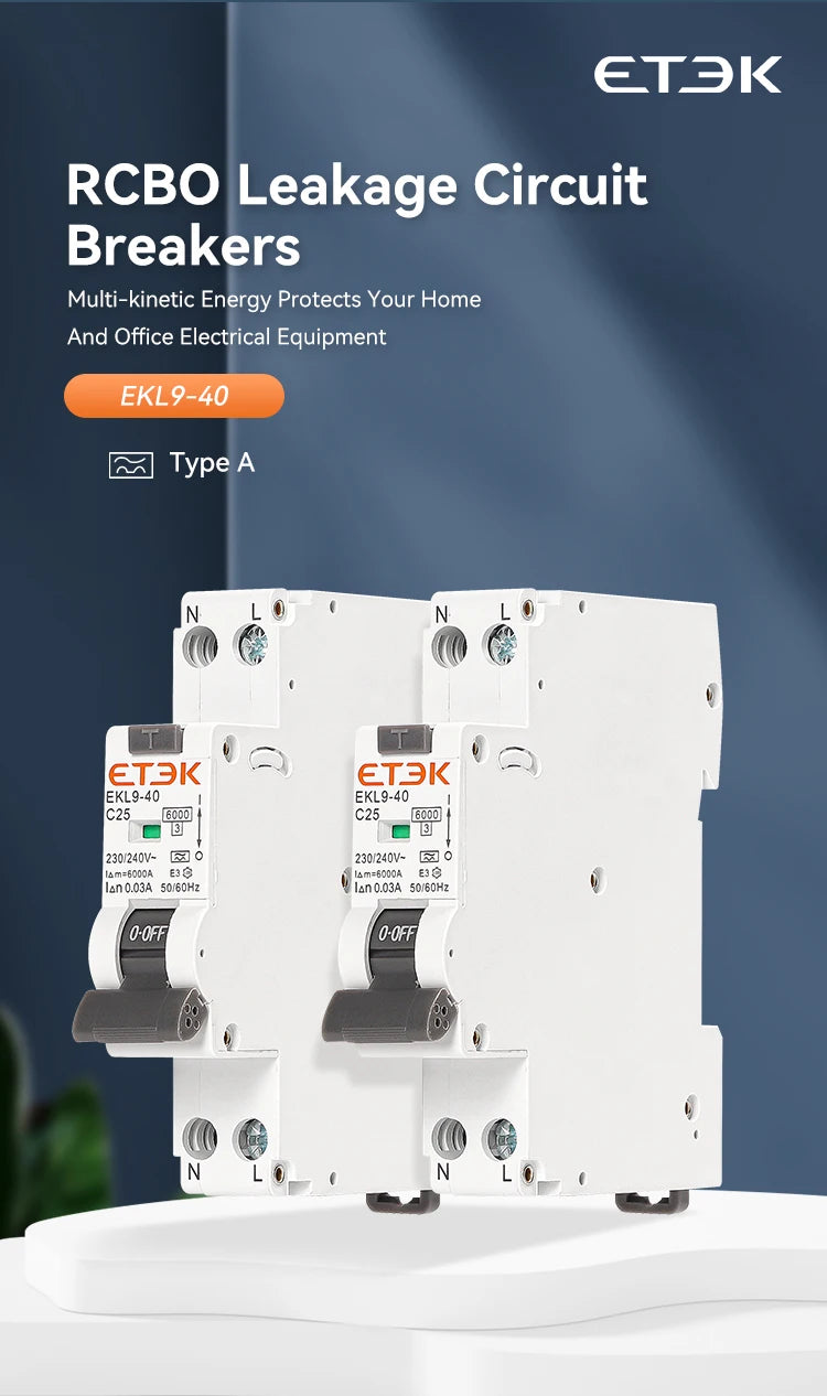 ETEK 6KA 1P+N 2P 10A 16A Curve B 30mA RCBO Type A Intrinsic Safety Residual Current Automatic Circuit Breaker  EKL9-40