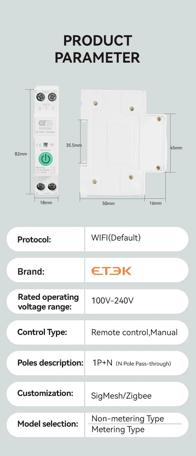 ETEK Tuya WiFi Smart Switch 1P+N 63A 90-300 Voltage Timer Power Energy kWh Voltage  Voice Remote Control Circuit Breaker