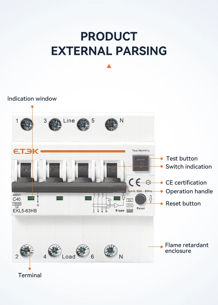 ETEK B Type 230V 1P+N 3P+N  Residual Current Circuit Breaker With Over And Short Current  Leakage Protection C curve RCBO EKL5
