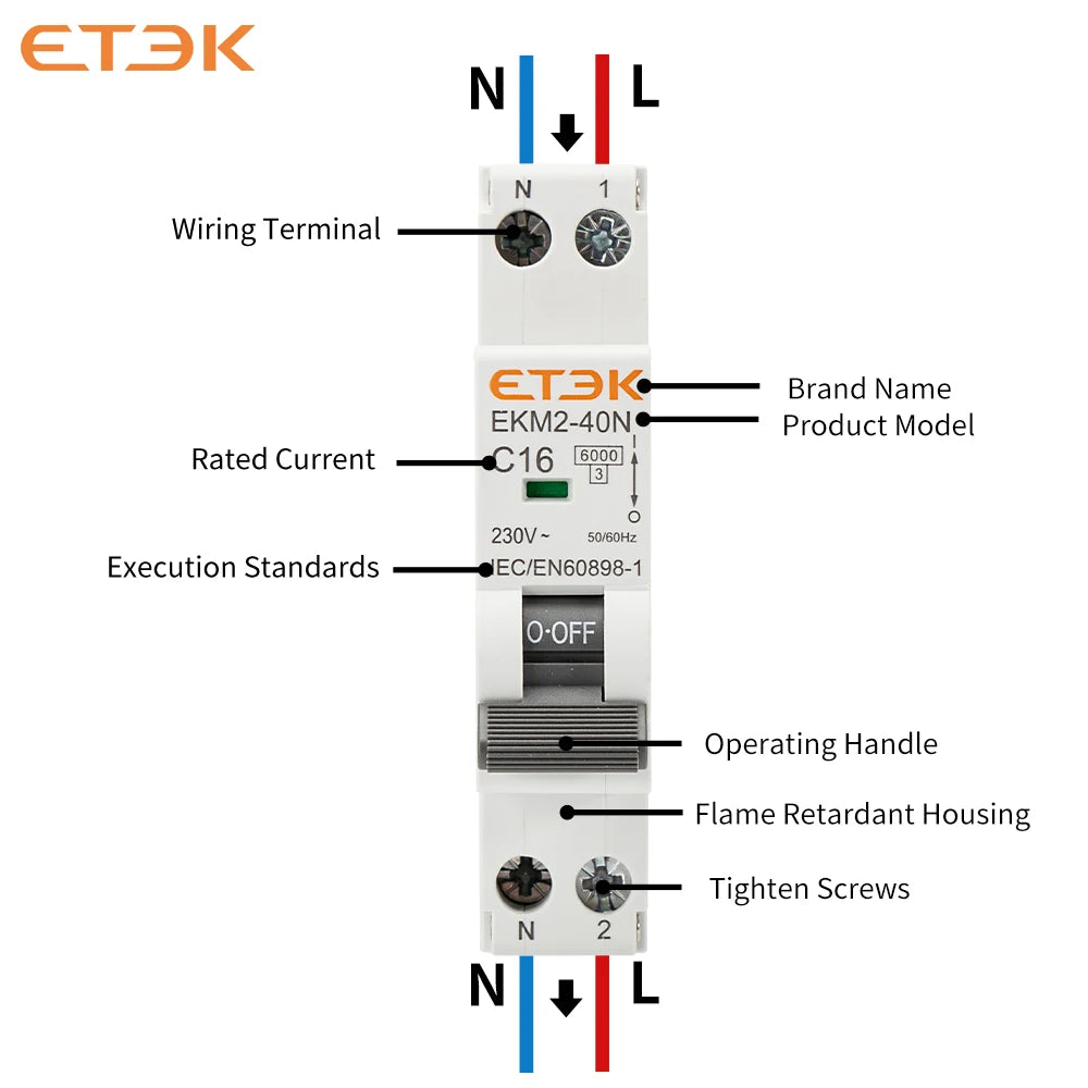 ETEK Din rail mounted miniature household air circuit breaker MCB 30mA C curve 10A 16A 20A 25A 32A 1P+N Mini circuit breaker EKM