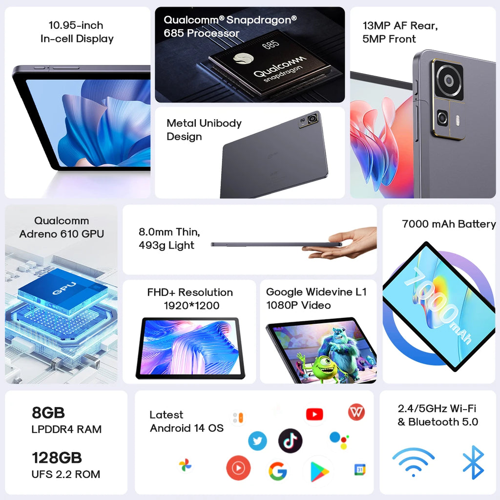 CHUWI Tablet AuPad Android 14 Tablets 10.95" FHD+2K Display Snapdragon 685 8GB RAM 128GB ROM 13MP AF Rear 7000mAh 18W 4G LTE Tab