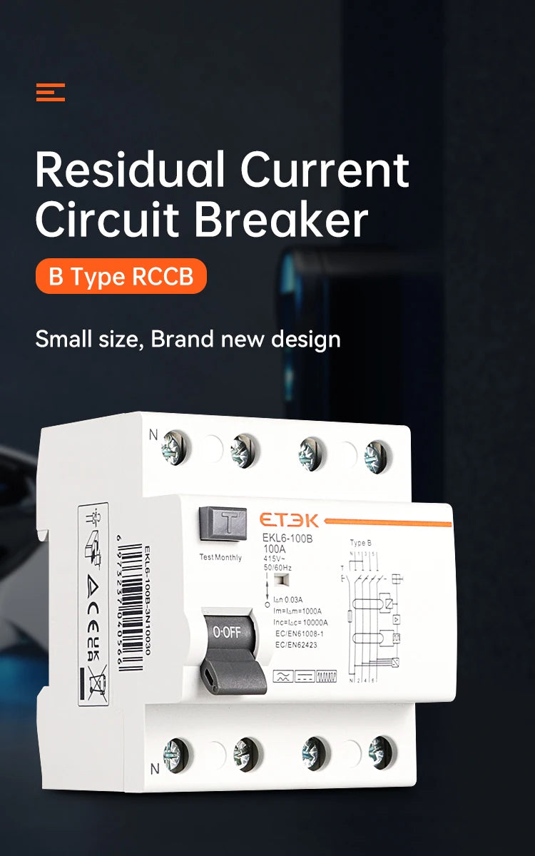 ETEK RCD RCCB Type B Earth Leakage Residual Current Circuit Breaker Evse 2P 4P 40a 63a 100a 30ma 300mA EKL6-100B Din Rail 220V