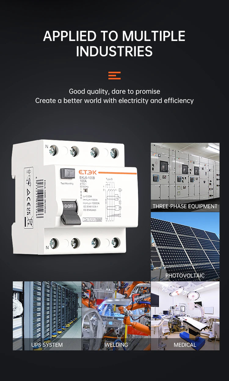 ETEK RCD RCCB Type B Earth Leakage Residual Current Circuit Breaker Evse 2P 4P 40a 63a 100a 30ma 300mA EKL6-100B Din Rail 220V