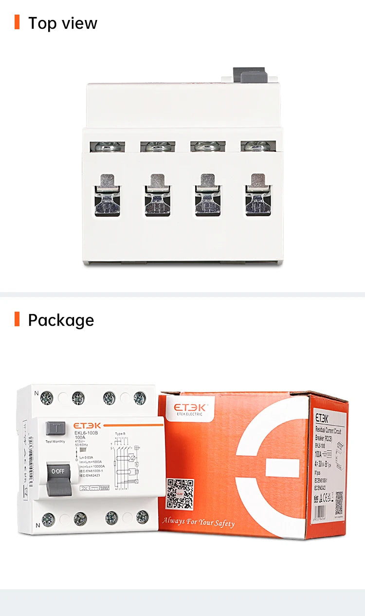 ETEK RCD RCCB Type B Earth Leakage Residual Current Circuit Breaker Evse 2P 4P 40a 63a 100a 30ma 300mA EKL6-100B Din Rail 220V